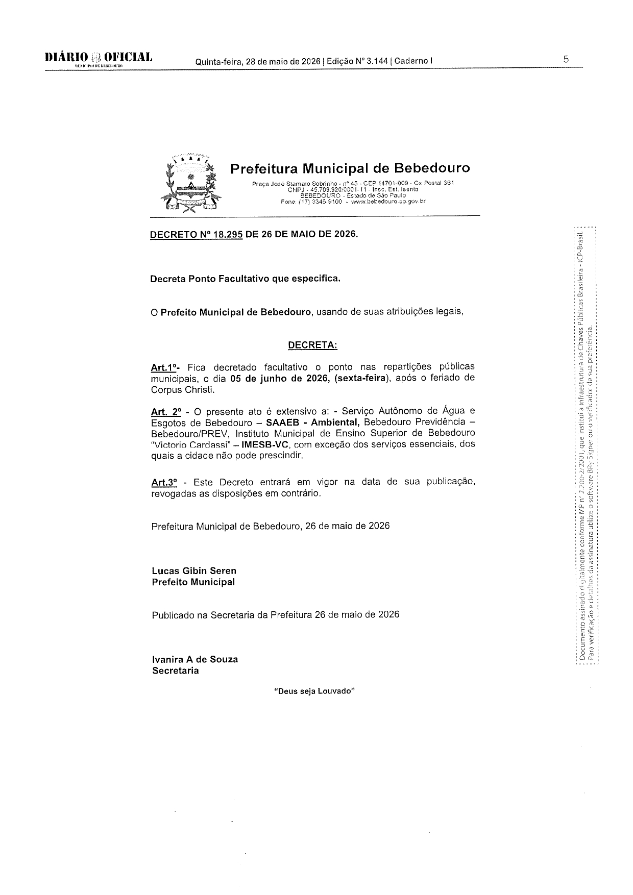 Faculdade Municipal de Bebedouro informa ponto facultativo e feriado de Corpus Christi